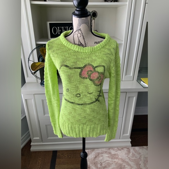 Y2K SANRIO HELLO KITTY Bright Green Graphic Knitted Women’s sweater SZ Medium - Picture 4 of 10